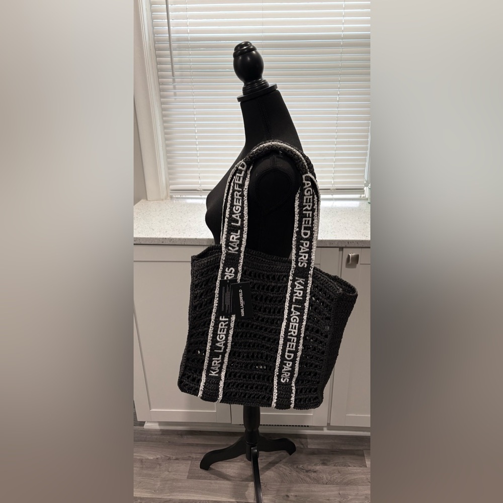 NWT Karl Lagerfeld Black Logo Strap Crochet Tote Bag